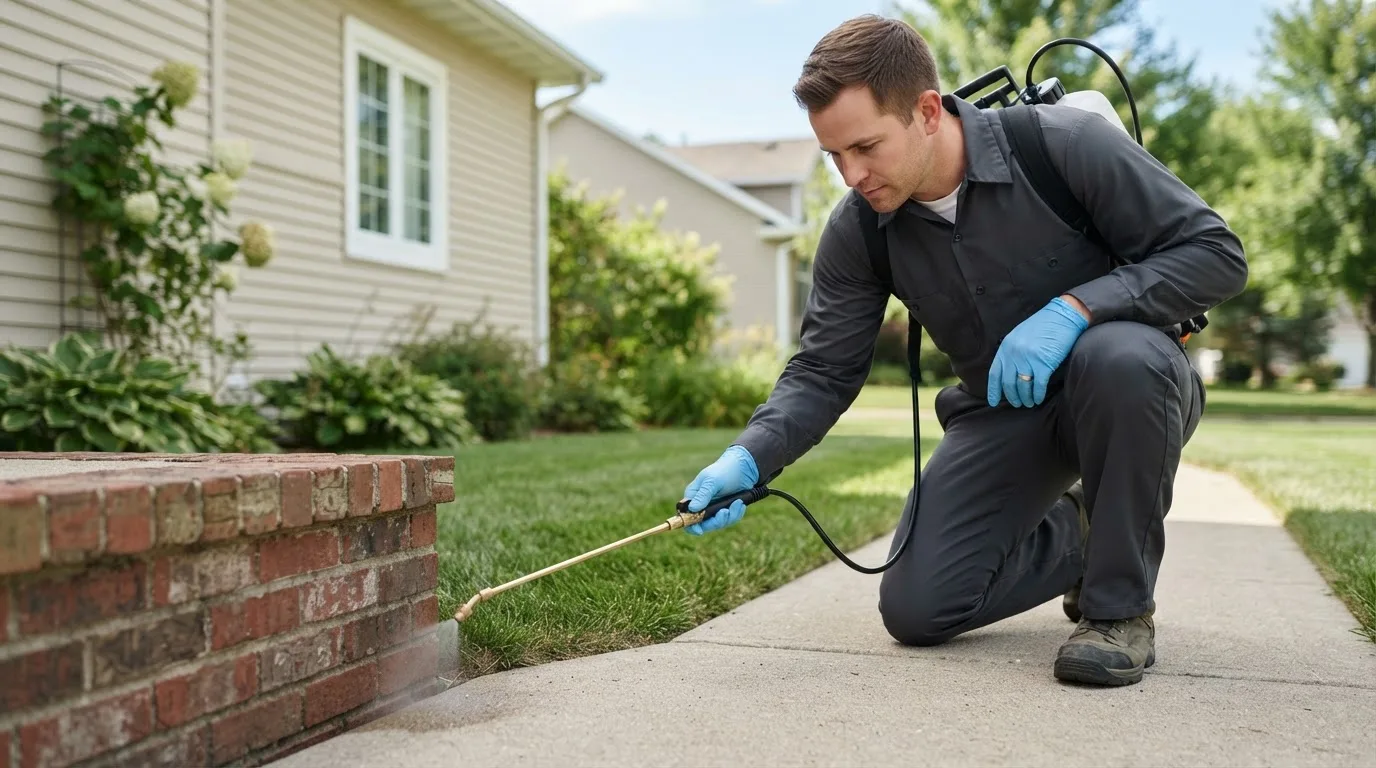 Pest control technician treating a home near Oneco, CT